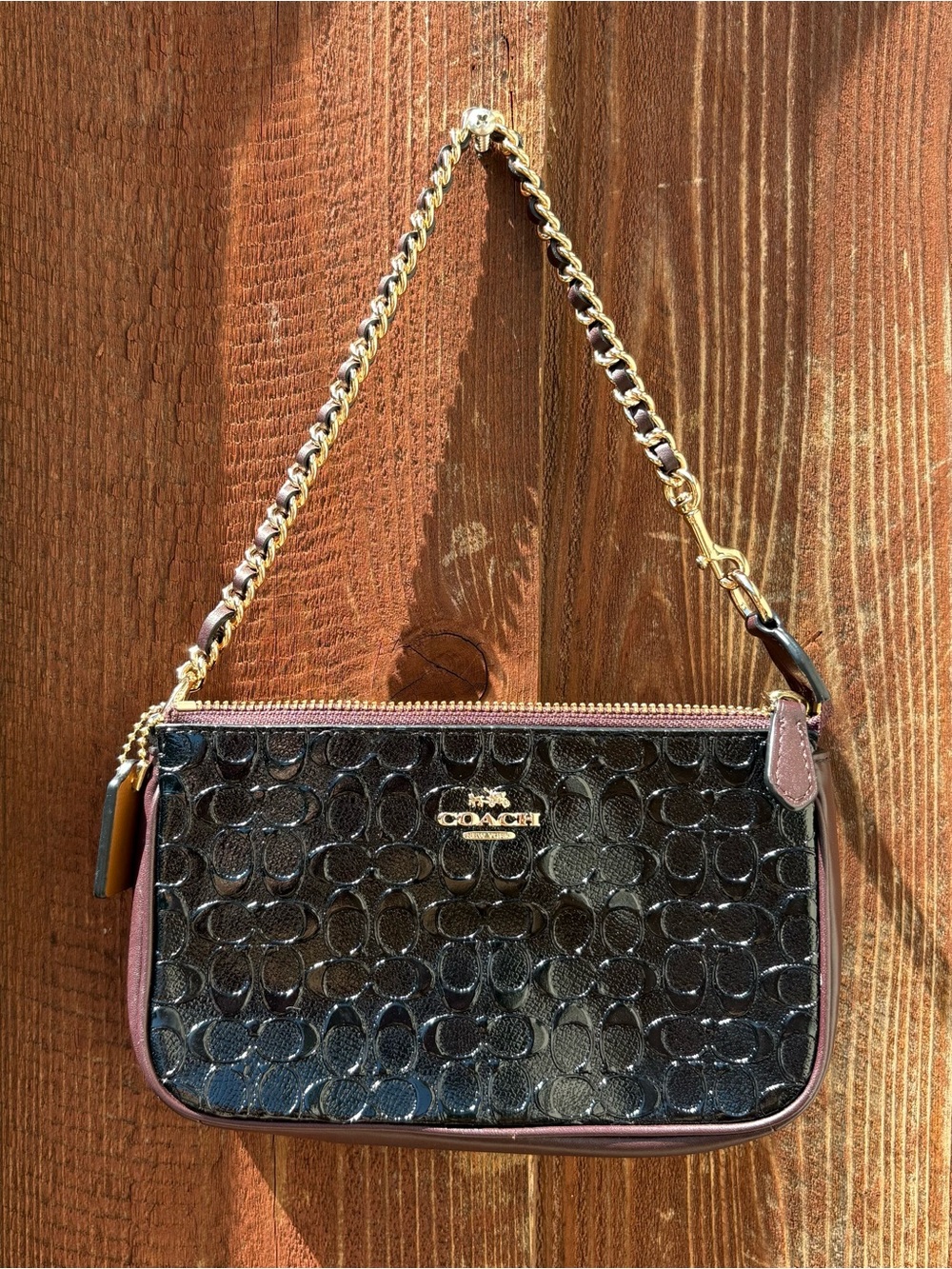 Coach Black/Burgundy Embossed Patent Signature Mini Shoulder Bag Chain Y2K Style